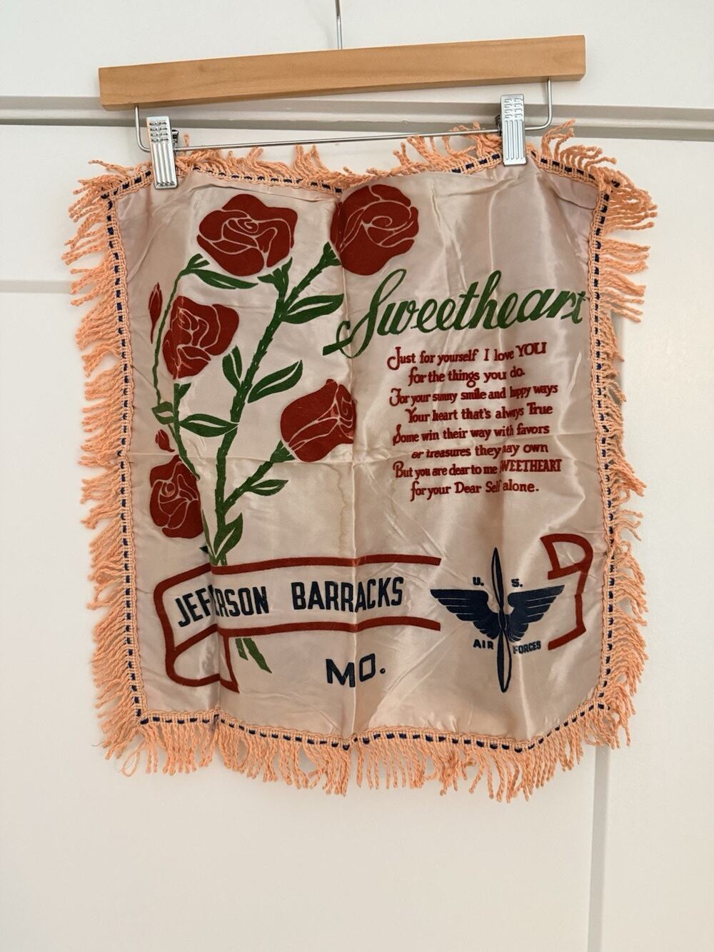 Vintage WW2 40s Sweetheart Pillow Case US Air Force Souvenir Jefferson Barracks
